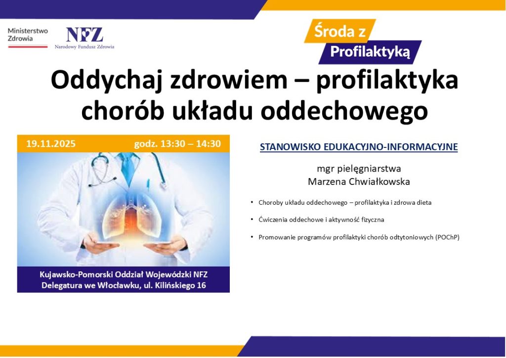Spotkanie edukacyjne w dniu 19.11.2025r. godz. 13.30 nt. Oddychaj zdrowiem – profilaktyka chorób układu oddechowego