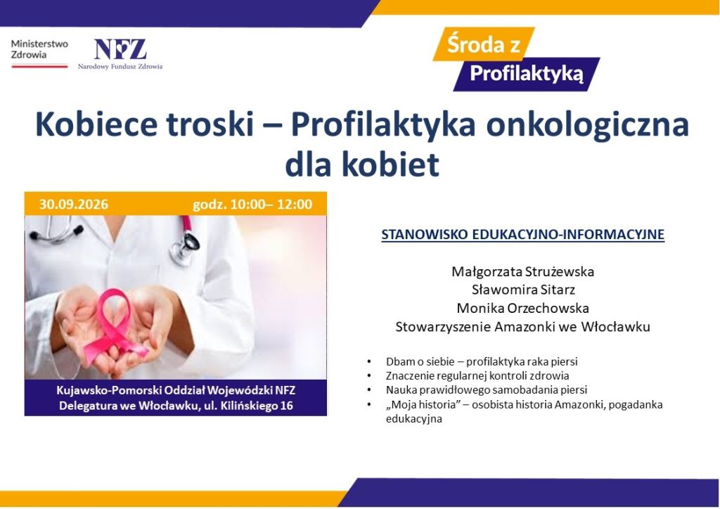 Spotkanie edukacyjne w dniu 30.09.2026r. godz. 10.00 nt. Kobiece troski – Profilaktyka onkologiczna dla kobiet